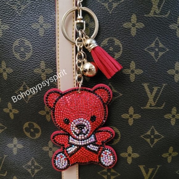 Bling Teddy Bear Crystal Rhinestone Keychain Bag Charm With Red Tassel - Picture 6 of 12